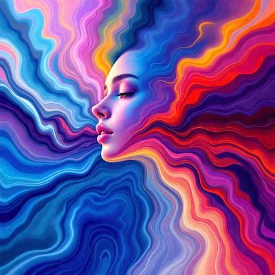 The primary subject of the image is a woman with a ponytail, who is looking upward. She is surrounded by a vibrant and colorful background, which includes a mix of blue, red, and orange hues. The visual style of the image is a combination of digital art and illustration, creating a unique and eye-catching scene. The woman's expression and the colors in the background evoke a sense of wonder and curiosity, making the image both captivating and thought-provoking.